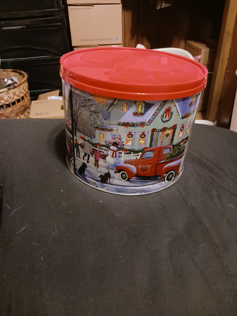 Holiday Tin with Red Lid and Festive Village Scene